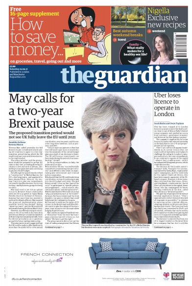 The Guardian Newspaper Front Page (UK) for 23 September 2017