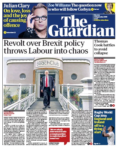 The Guardian Newspaper Front Page (UK) for 23 September 2019