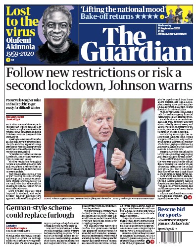 The Guardian Newspaper Front Page (UK) for 23 September 2020