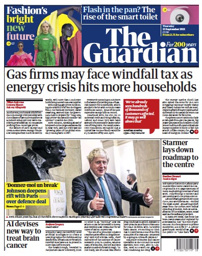 The Guardian Newspaper Front Page (UK) for 23 September 2021