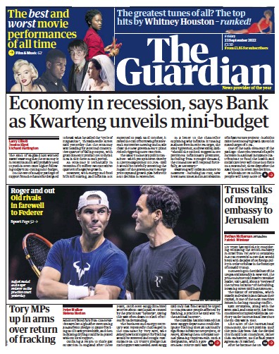 The Guardian Newspaper Front Page (UK) for 23 September 2022