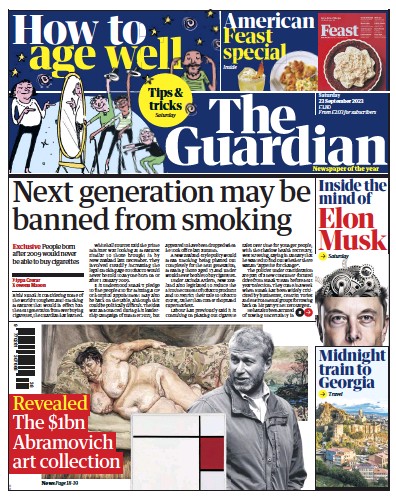 The Guardian Newspaper Front Page (UK) for 23 September 2023