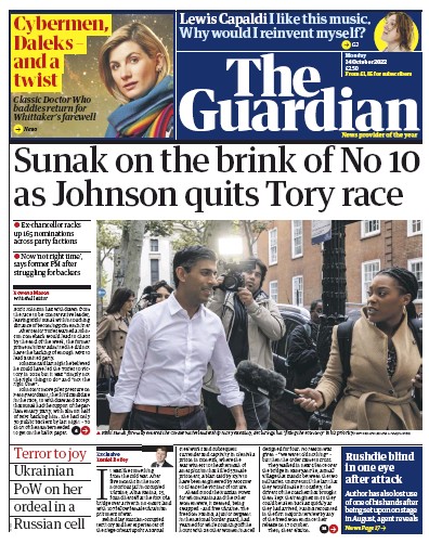 The Guardian Newspaper Front Page (UK) for 24 October 2022