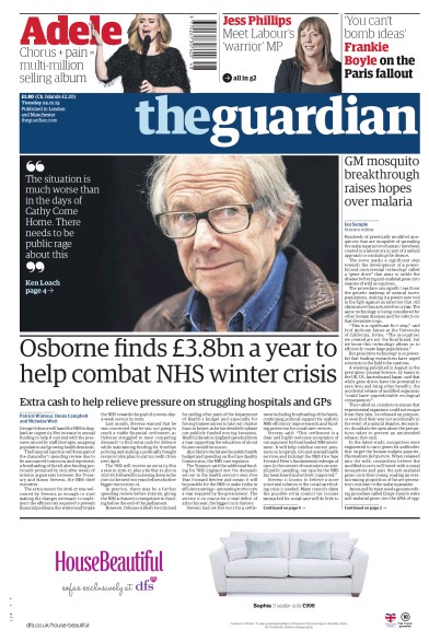The Guardian Newspaper Front Page (UK) for 24 November 2015