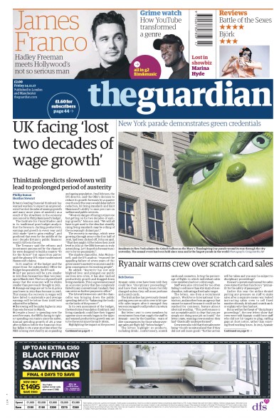 The Guardian Newspaper Front Page (UK) for 24 November 2017