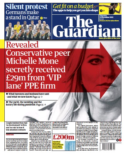 The Guardian Newspaper Front Page (UK) for 24 November 2022