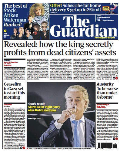 The Guardian Newspaper Front Page (UK) for 24 November 2023
