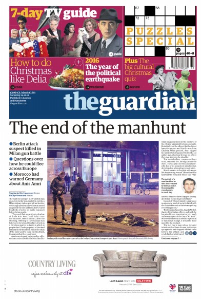 The Guardian Newspaper Front Page (UK) for 24 December 2016