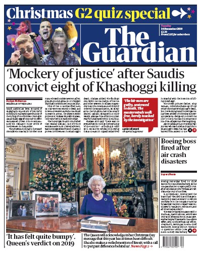 The Guardian Newspaper Front Page (UK) for 24 December 2019