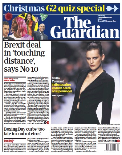 The Guardian Newspaper Front Page (UK) for 24 December 2020