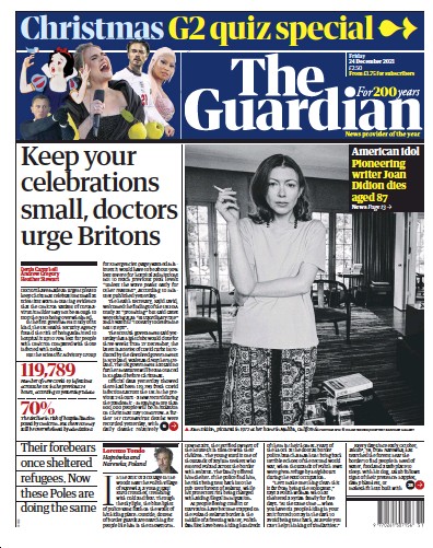 The Guardian Newspaper Front Page (UK) for 24 December 2021