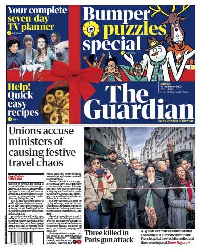 The Guardian Newspaper Front Page (UK) for 24 December 2022