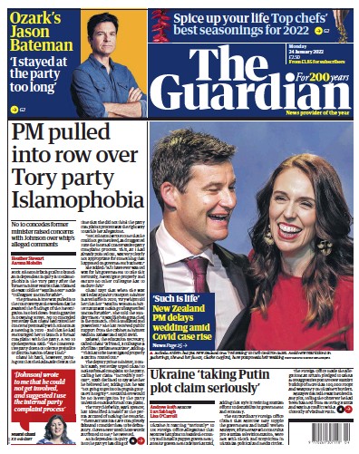 The Guardian Newspaper Front Page (UK) for 24 January 2022
