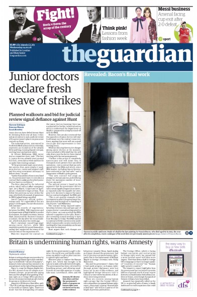 The Guardian Newspaper Front Page (UK) for 24 February 2016