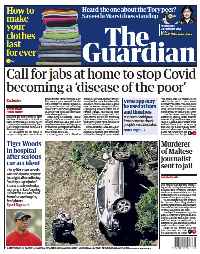 The Guardian Newspaper Front Page (UK) for 24 February 2021