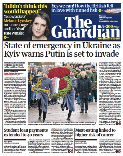 The Guardian Newspaper Front Page (UK) for 24 February 2022