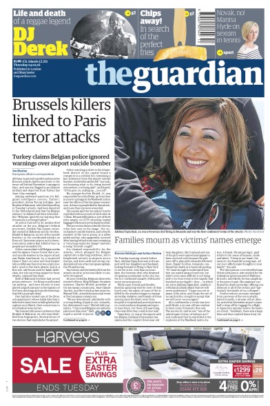 The Guardian Newspaper Front Page (UK) for 24 March 2016