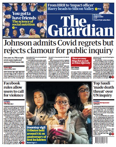 The Guardian Newspaper Front Page (UK) for 24 March 2021