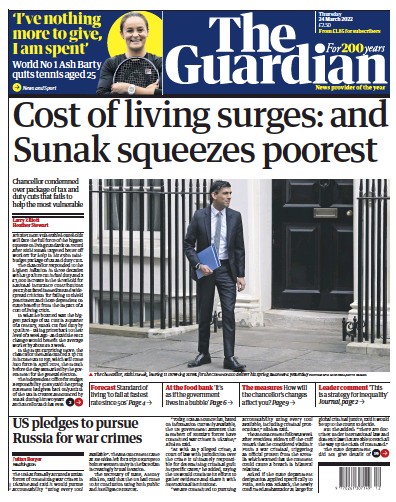 The Guardian Newspaper Front Page (UK) for 24 March 2022