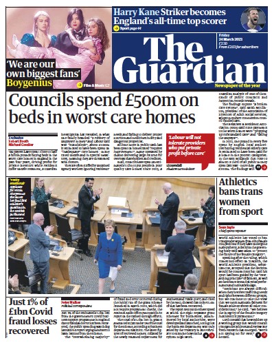 The Guardian Newspaper Front Page (UK) for 24 March 2023