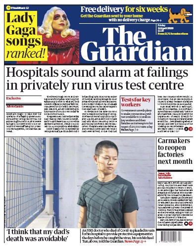 The Guardian Newspaper Front Page (UK) for 24 April 2020