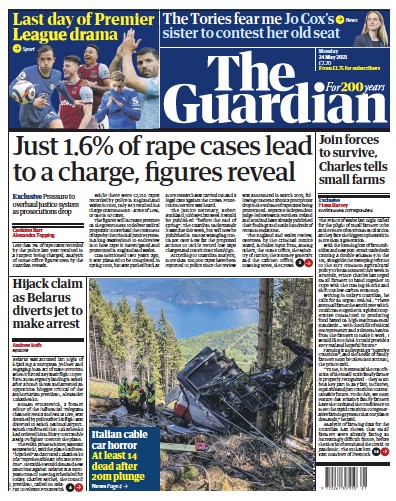 The Guardian Newspaper Front Page (UK) for 24 May 2021