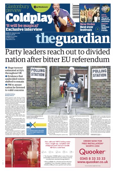 The Guardian Newspaper Front Page (UK) for 24 June 2016