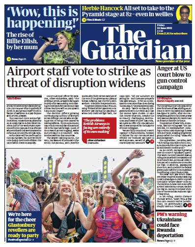 The Guardian Newspaper Front Page (UK) for 24 June 2022