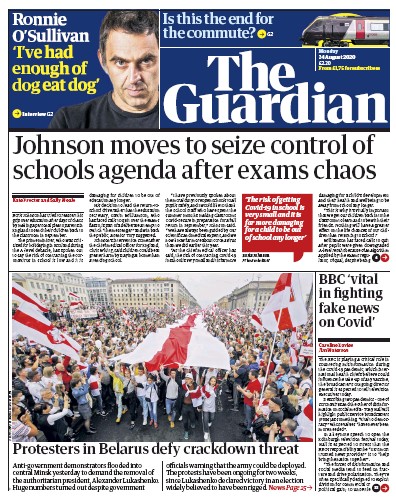 The Guardian Newspaper Front Page (UK) for 24 August 2020