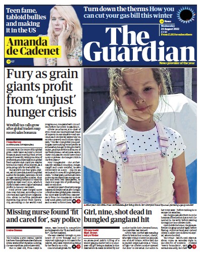 The Guardian Newspaper Front Page (UK) for 24 August 2022