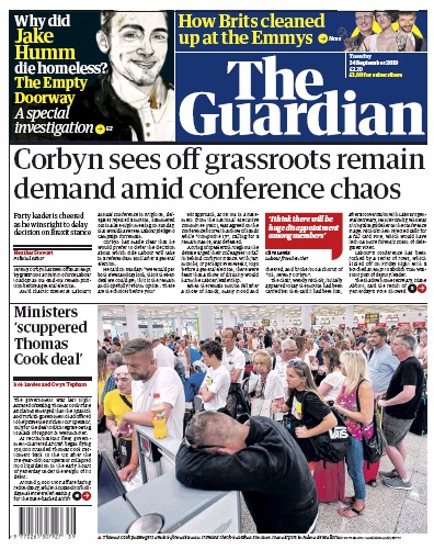 The Guardian Newspaper Front Page (UK) for 24 September 2019