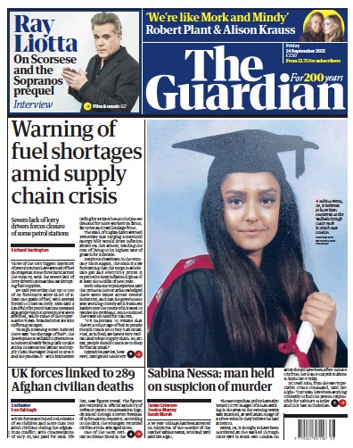 The Guardian Newspaper Front Page (UK) for 24 September 2021