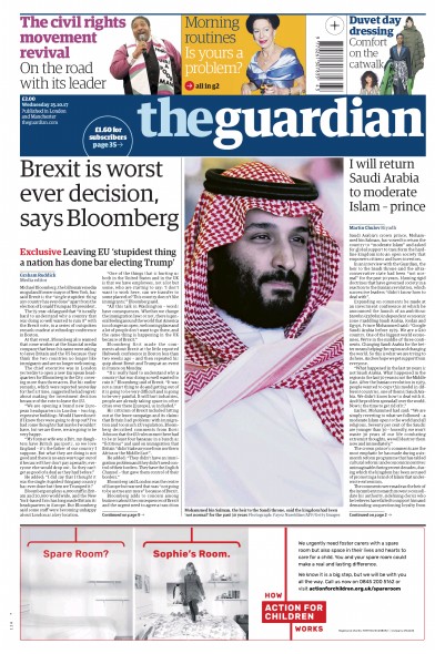 The Guardian Newspaper Front Page (UK) for 25 October 2017