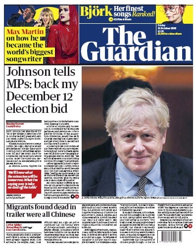 The Guardian Newspaper Front Page (UK) for 25 October 2019