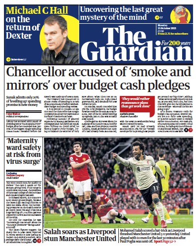 The Guardian Newspaper Front Page (UK) for 25 October 2021