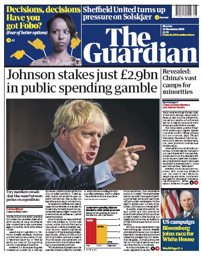 The Guardian Newspaper Front Page (UK) for 25 November 2019