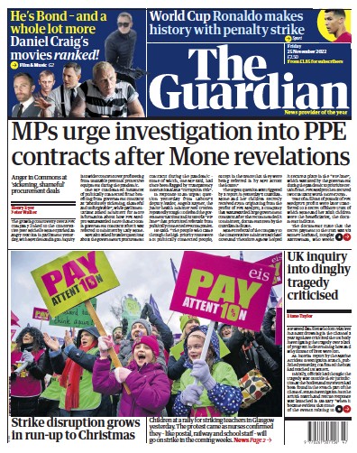The Guardian Newspaper Front Page (UK) for 25 November 2022