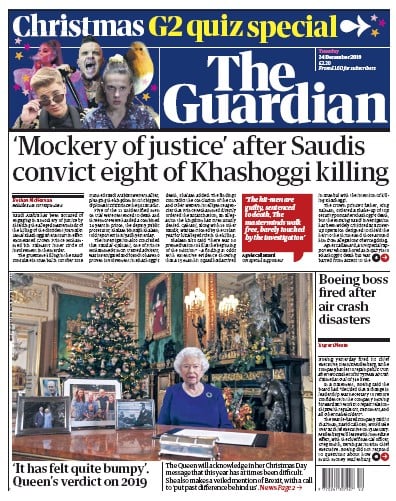 The Guardian Newspaper Front Page (UK) for 25 December 2019