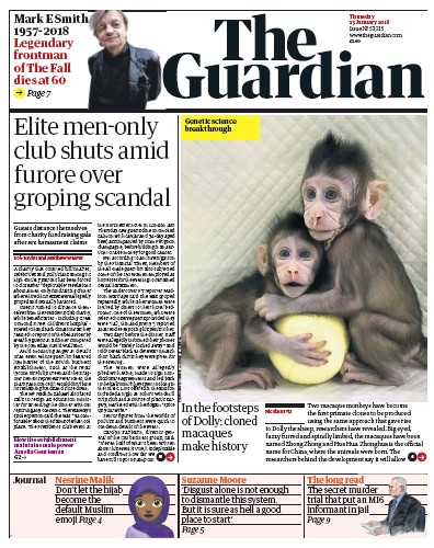 The Guardian Newspaper Front Page (UK) for 25 January 2018