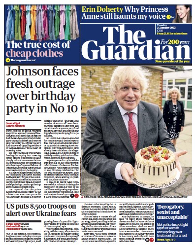 The Guardian Newspaper Front Page (UK) for 25 January 2022