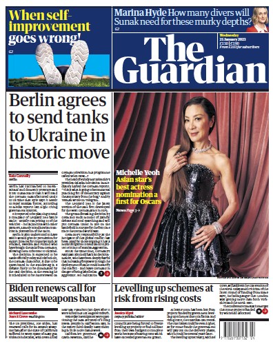 The Guardian Newspaper Front Page (UK) for 25 January 2023