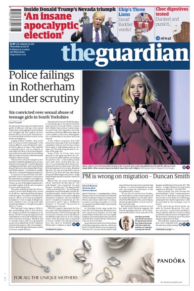The Guardian Newspaper Front Page (UK) for 25 February 2016