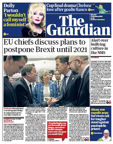 The Guardian Newspaper Front Page (UK) for 25 February 2019