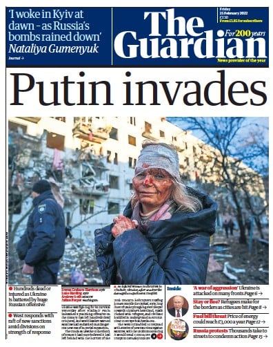 The Guardian Newspaper Front Page (UK) for 25 February 2022