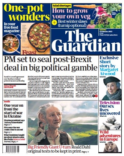 The Guardian Newspaper Front Page (UK) for 25 February 2023