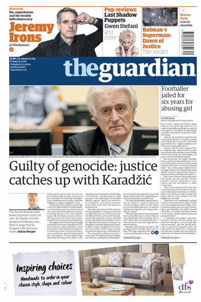 The Guardian Newspaper Front Page (UK) for 25 March 2016