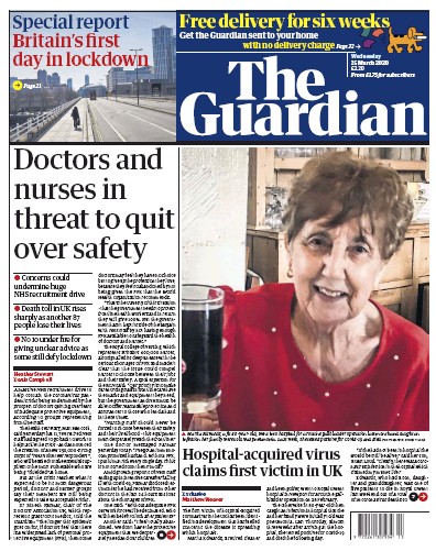 The Guardian Newspaper Front Page (UK) for 25 March 2020
