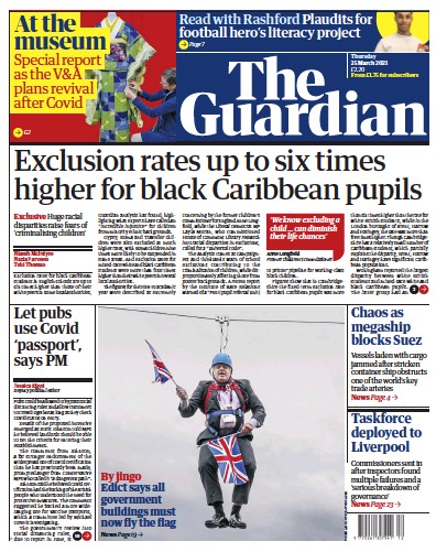 The Guardian Newspaper Front Page (UK) for 25 March 2021