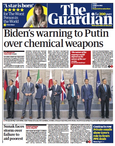 The Guardian Newspaper Front Page (UK) for 25 March 2022