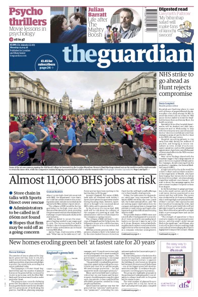 The Guardian Newspaper Front Page (UK) for 25 April 2016